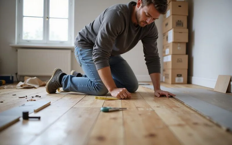 A homeowner kneeling on a partially installed click-lock laminate floor, fitting a plank into place by hand