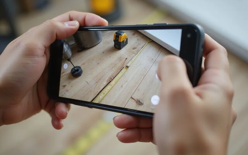 A homeowner photographing a section of damaged or lifting flooring as documentation for a dispute