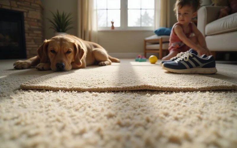 A living room with durable, short-pile carpet in a busy family space with a dog resting on it