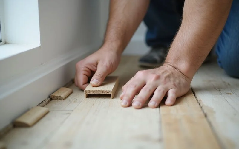 A flooring installer laying planks in a room with furniture pushed to one side and protective covering on the floor