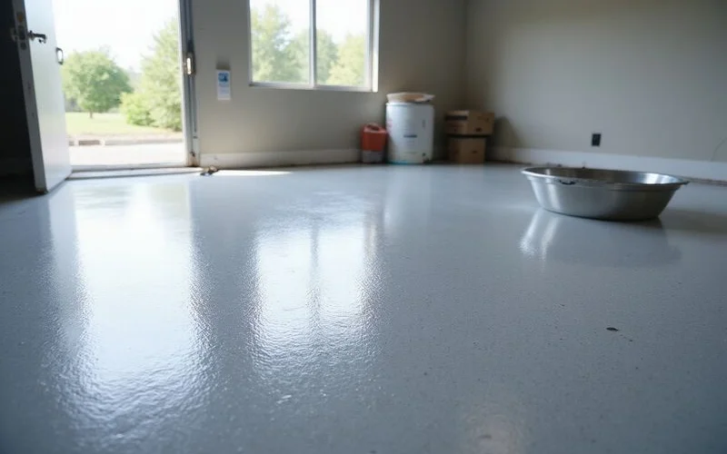 A freshly coated garage floor with a glossy epoxy finish and decorative color flakes, curing before vehicles are allowed back in