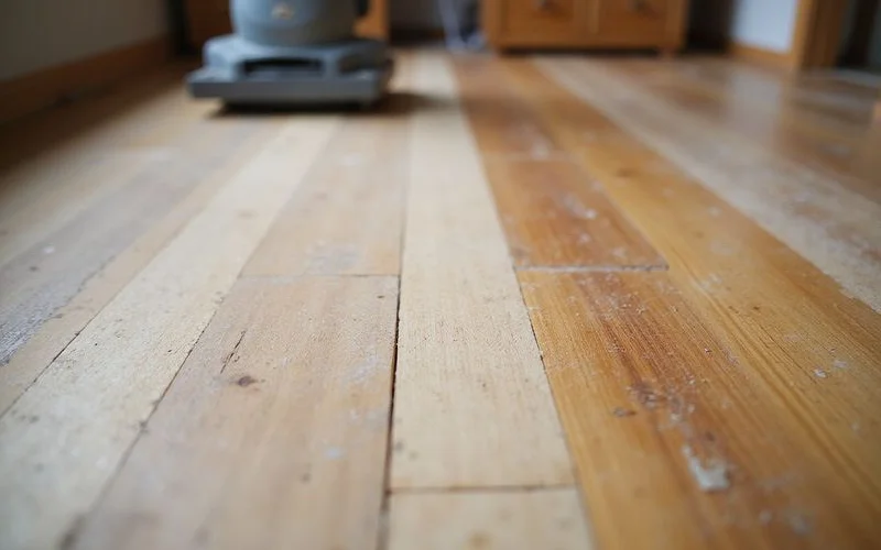 A hardwood floor mid-refinishing with one section sanded down to bare wood next to the original worn finish