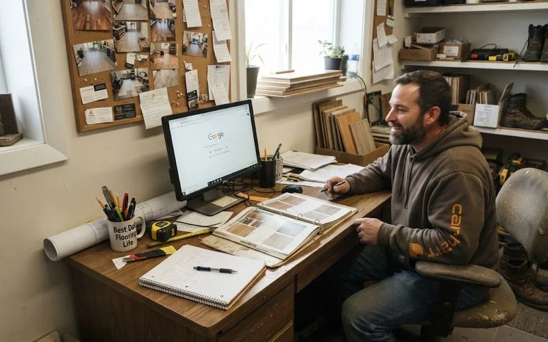 A stack of wood flooring samples, tile squares, and a tape measure laid out on a contractor's clipboard next to a laptop showing a business directory.