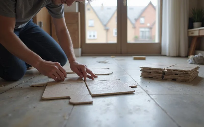 Interlocking floor tiles being laid over an existing floor without adhesive or fasteners