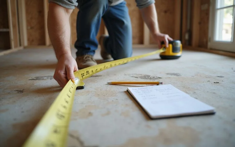 A flooring contractor kneeling to measure a room with a tape measure before an installation quote