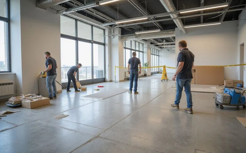 A commercial space with new flooring being installed in one section while the rest of the business remains open