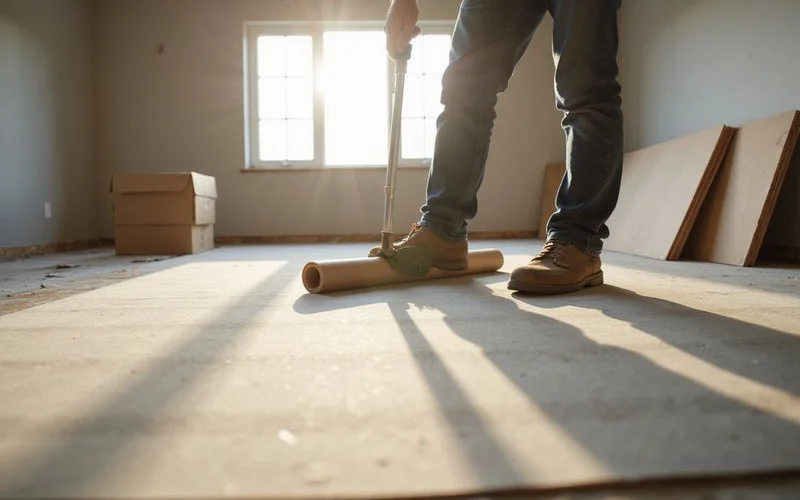 An empty room with bare subfloor being prepped for new flooring before furniture moves in