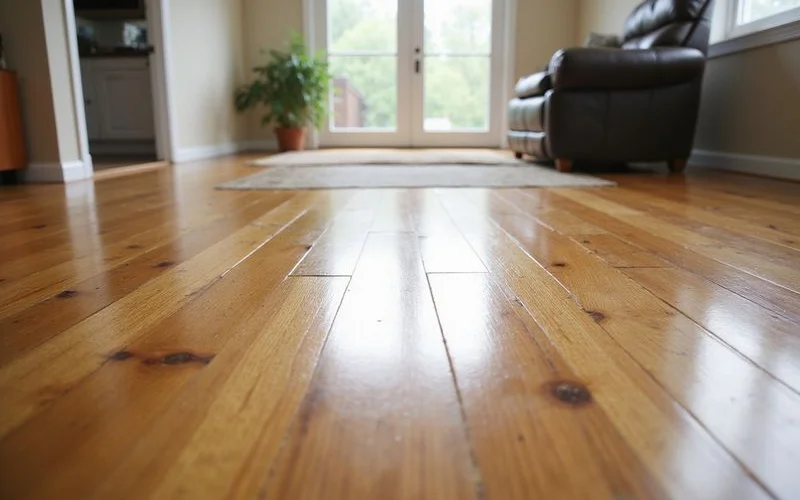 A newly refinished hardwood floor in a bright, staged living room ready for a home showing