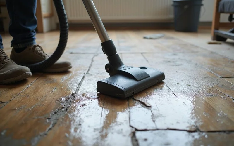 A wet vacuum being used to remove standing water from a hardwood floor after a leak