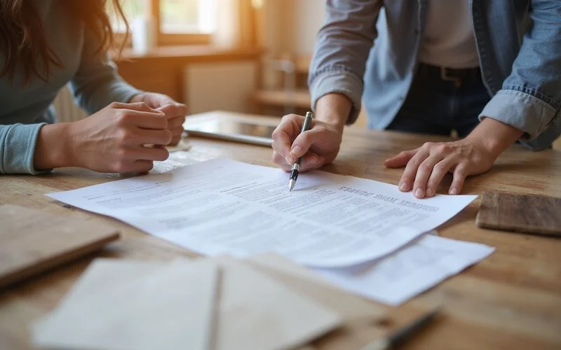 A homeowner and a flooring contractor reviewing a written contract together at a kitchen table