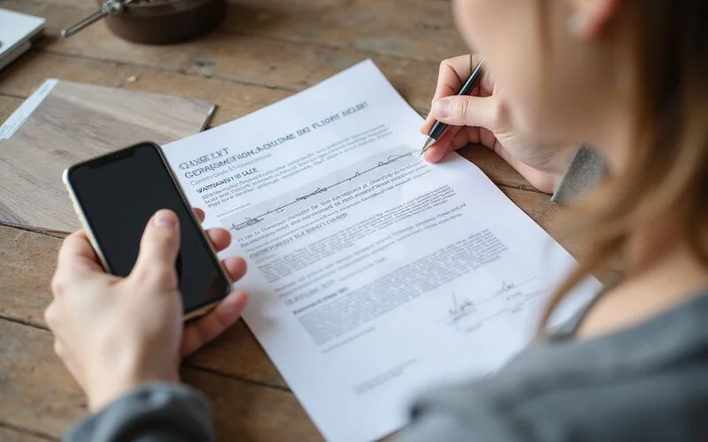 A close-up of a warranty document being reviewed alongside flooring material samples on a table