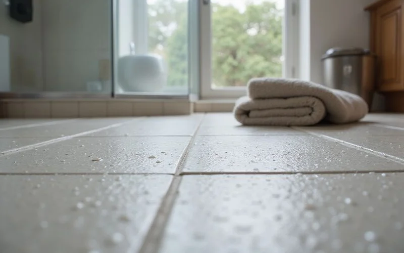 A textured, matte-finish tile floor in a bathroom with visible grout lines for added traction
