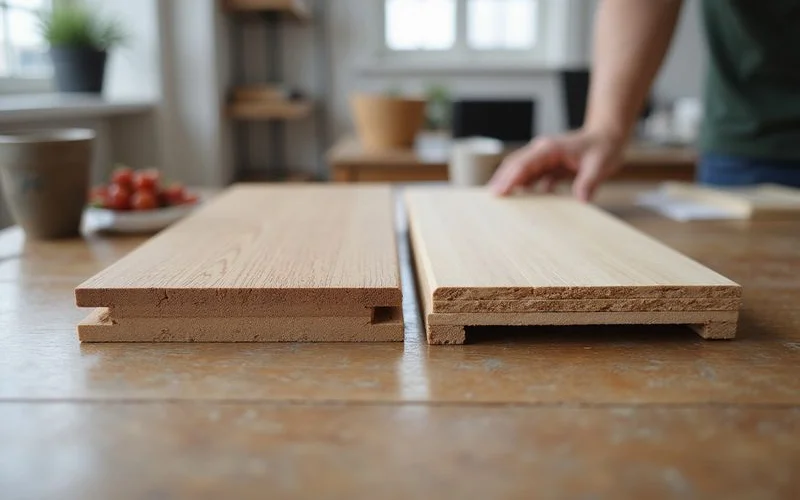 A close-up cross-section comparison showing solid hardwood plank thickness next to a layered engineered hardwood plank