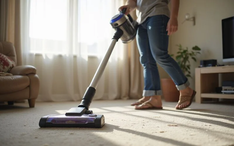 A vacuum with a HEPA filter cleaning a low-pile carpet in a bright living room