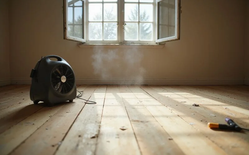 An open window with a fan running in a freshly flooring room to ventilate after installation
